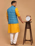 Vastramay Men's Turquoise Ikkat Printed Cotton Nehru Jacket With Mustard Kurta And White Pyjama Set